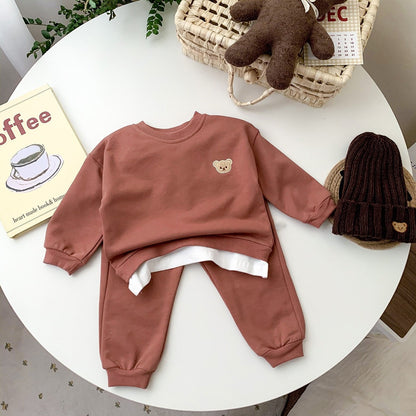 Cute Bear Head Embroidery Sweatshirt And Pants - Kiddzland