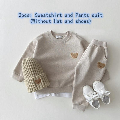 Cute Bear Head Embroidery Sweatshirt And Pants - Kiddzland