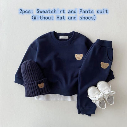 Cute Bear Head Embroidery Sweatshirt And Pants - Kiddzland