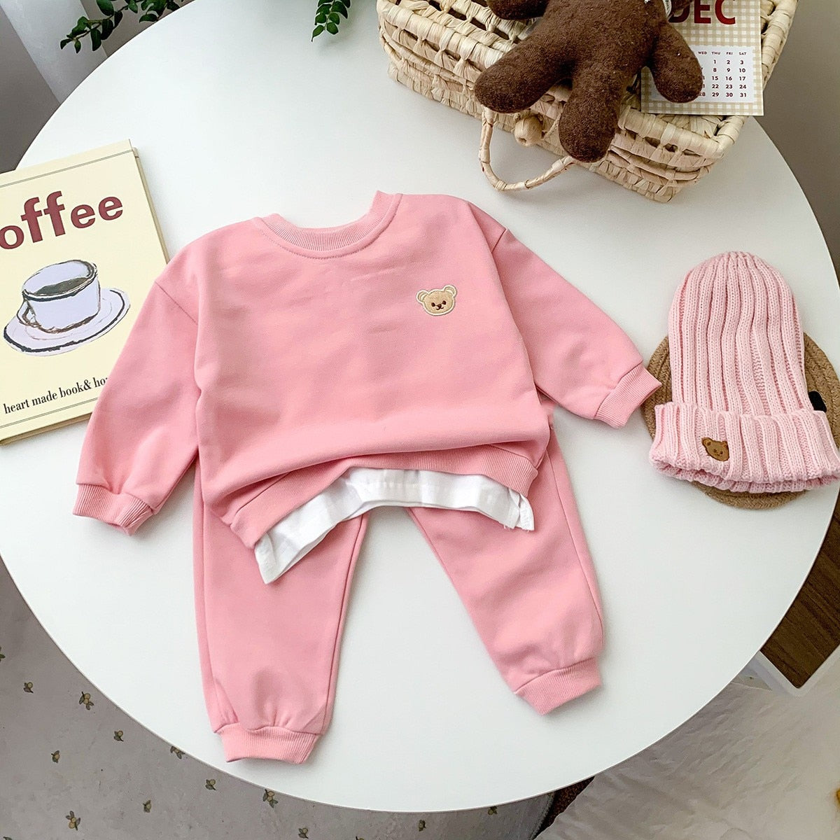 Cute Bear Head Embroidery Sweatshirt And Pants - Kiddzland