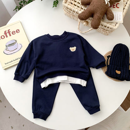 Cute Bear Head Embroidery Sweatshirt And Pants - Kiddzland