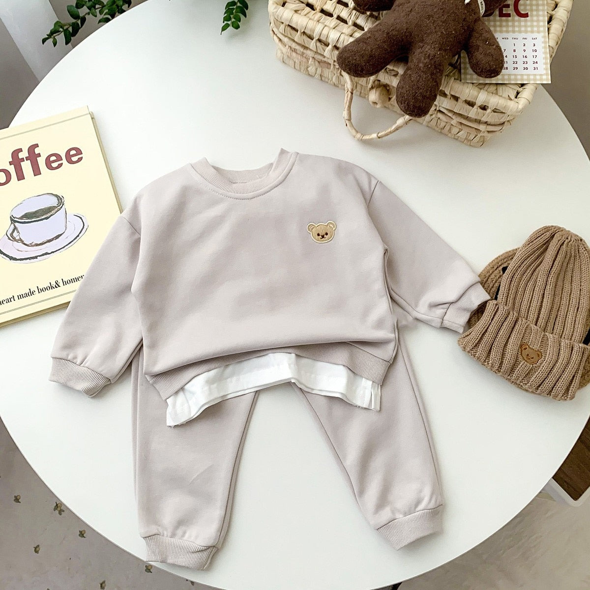 Cute Bear Head Embroidery Sweatshirt And Pants - Kiddzland